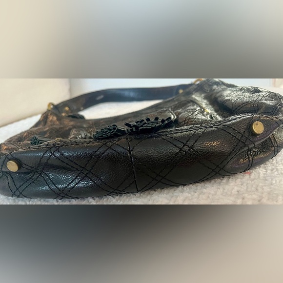 Antonio Melani Black Hobo Bag Glazed Quilted Leather Cargo Pockets Front U Bag - Picture 6 of 11